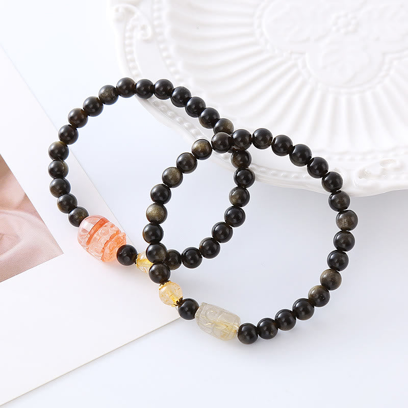 Pulsera PiXiu de obsidiana con brillo dorado natural y piedras de Buda para protección de la riqueza