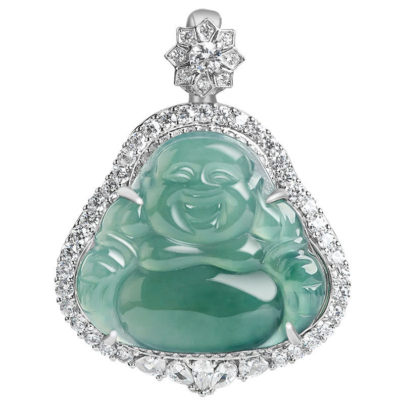 Collar con colgante de Buda sonriente de plata de ley 925 con piedras de Buda y jade natural para la suerte y la abundancia.