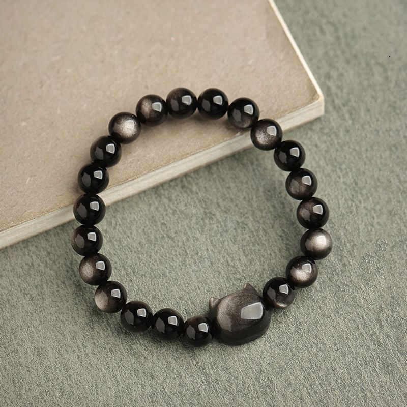 Pulsera de protección con piedras de Buda, obsidiana dorada y obsidiana plateada con brillo, con forma de pata de gato de la suerte.