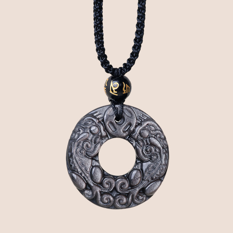 Collar con colgante de obsidiana con doble PiXiu, moneda de cobre, hebilla de paz y protección, con piedras de Buda y brillo de plata natural