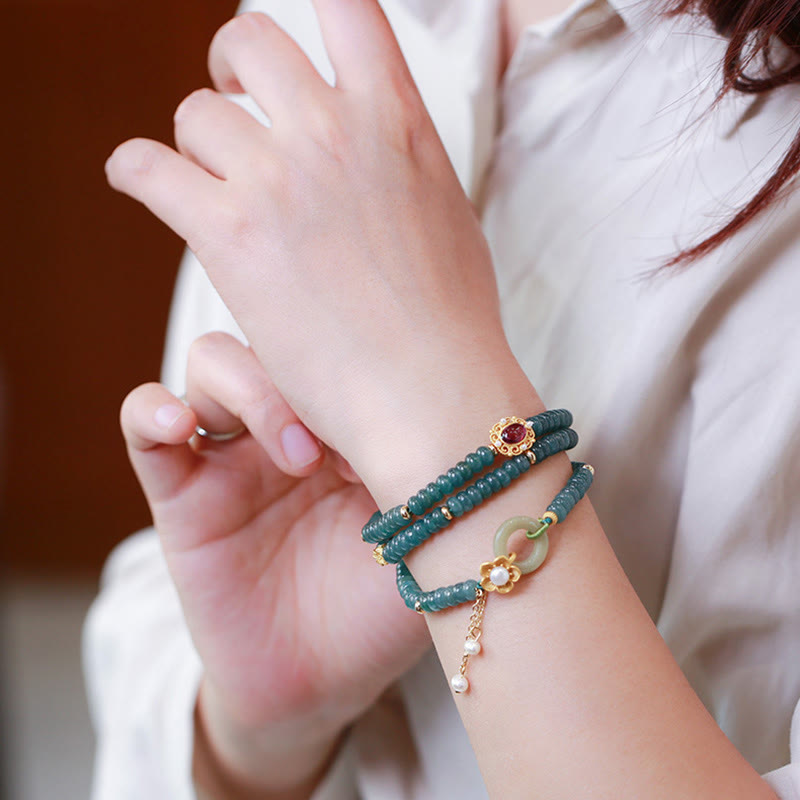Pulsera de tres vueltas con piedras de Buda, plata de ley 925, chapada en oro, con flor de jade cian y hebilla de paz