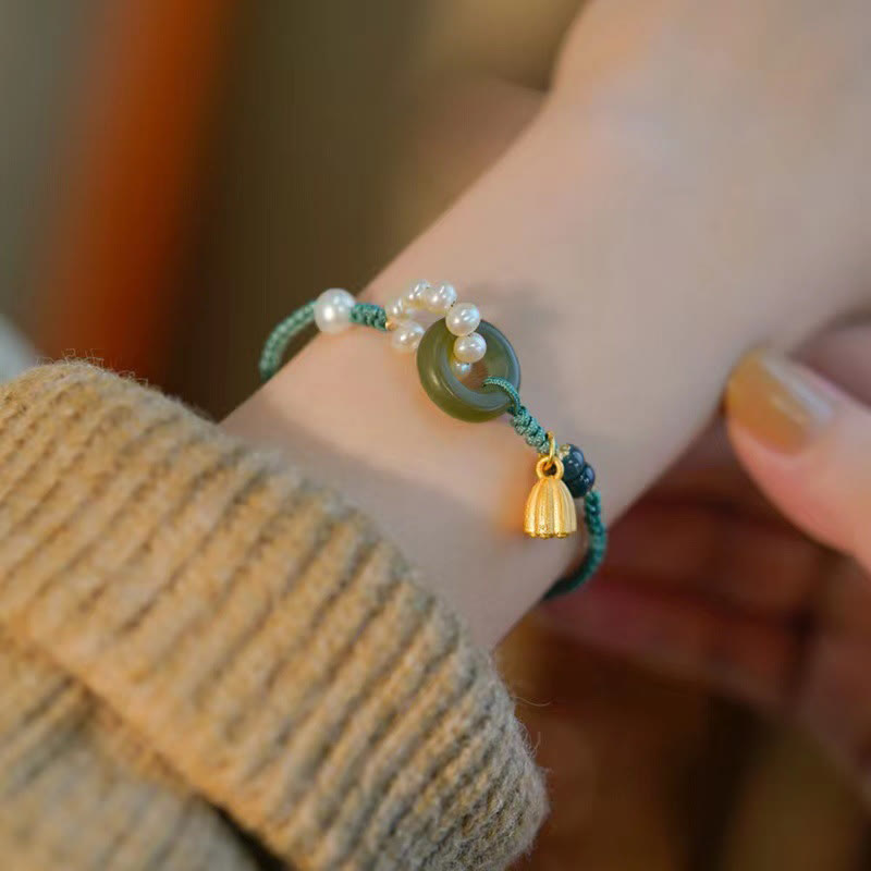 Buddha Stones Natürliche Hetian Jade Peace Buckle Pearl Luck Handgefertigtes geflochtenes Armband