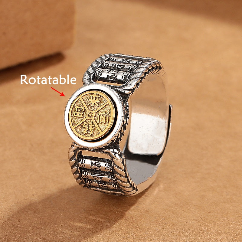 Anillo giratorio de pureza con diseño de moneda de cobre tallada con piedras de Buda tibetanas Om Mani Padme Hum