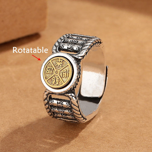 Anillo giratorio de pureza con diseño de moneda de cobre tallada con piedras de Buda tibetanas Om Mani Padme Hum