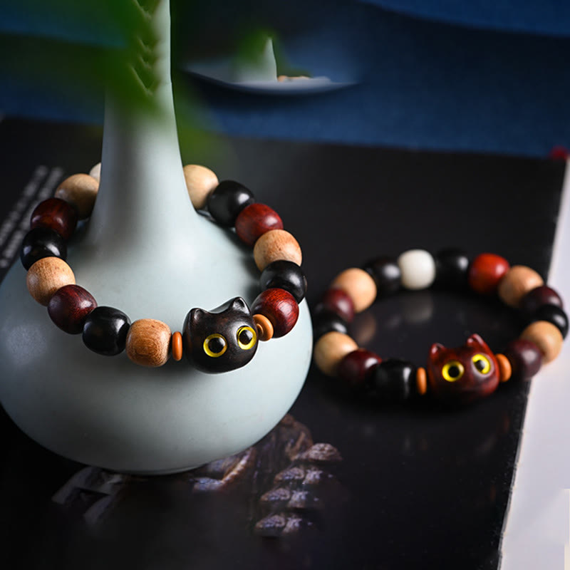 Pulsera de protección con piedras de Buda, hoja pequeña, sándalo rojo, madera de ébano y gato grabado