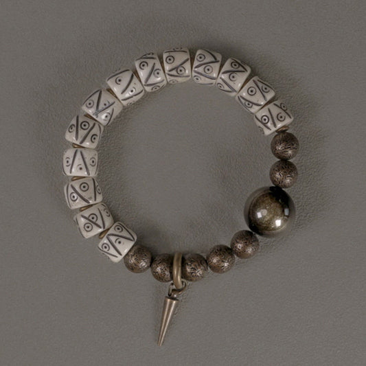 Pulsera de fuerza con cuentas de latón, obsidiana y hueso de yak tibetano, piedras de Buda, brillo dorado