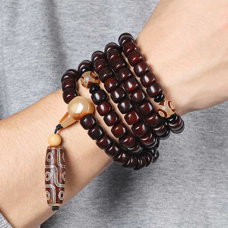 Pulsera de jade de la suerte con 108 cuentas Mala, cuentas Dzi de tres ojos y cuentas Dzi de nueve ojos.