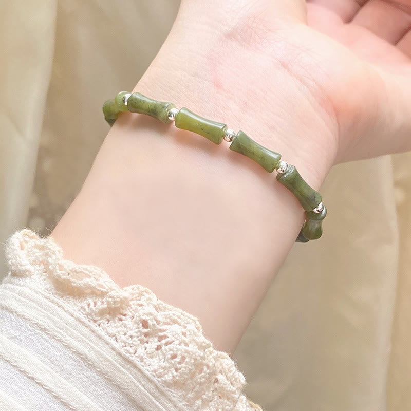 Pulsera de plata de ley 925 con piedras de Buda, jade de bambú y gato de la suerte con el símbolo Fu.