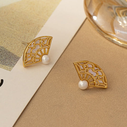 Pendientes colgantes de plata de ley 925 con diseño de abanico de postes y perlas de cobre con la sabiduría de Buddha Stones
