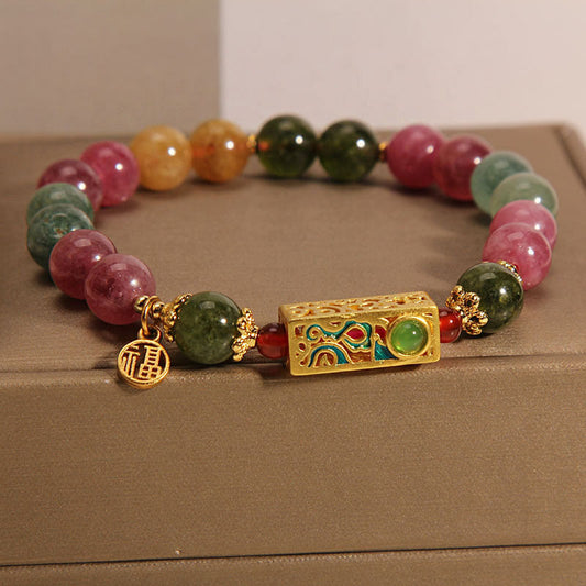 Pulsera con dijes de turmalina colorida y carácter positivo Fu de piedras de Buda