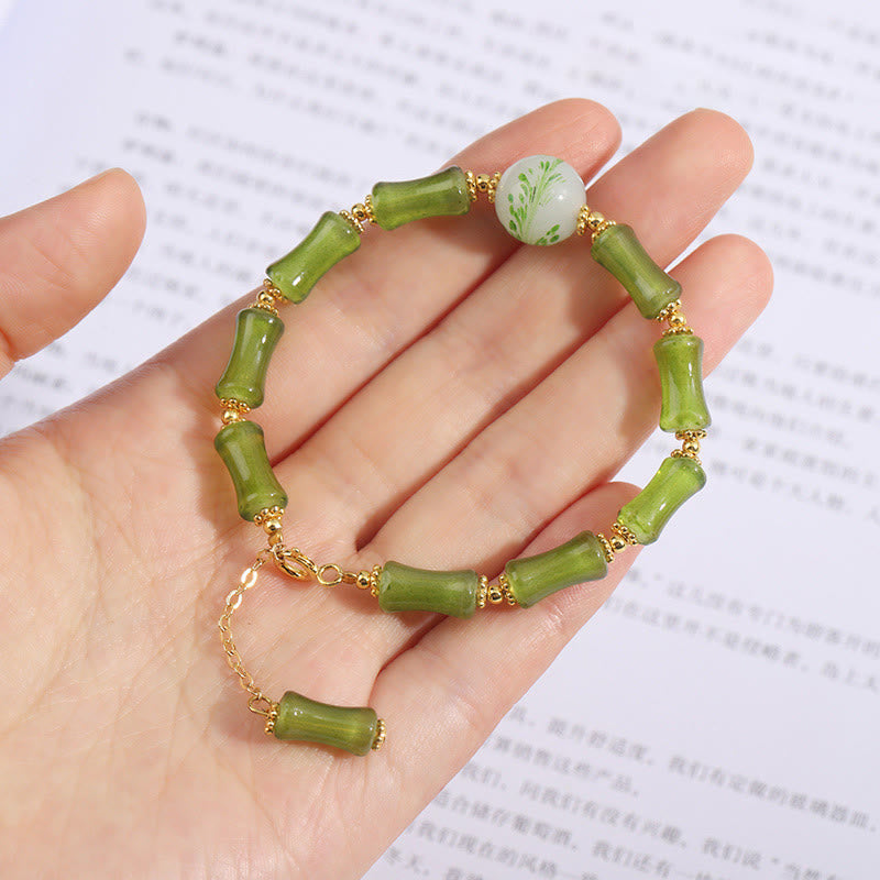 Buddha Stones Grünes Bambusmuster Liuli Kristall Moosachat Reichtumskettenarmband