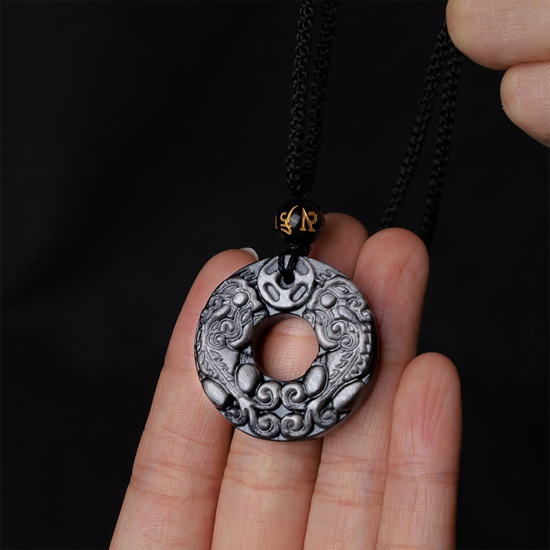 Collar con colgante de obsidiana con doble PiXiu, moneda de cobre, hebilla de paz y protección, con piedras de Buda y brillo de plata natural