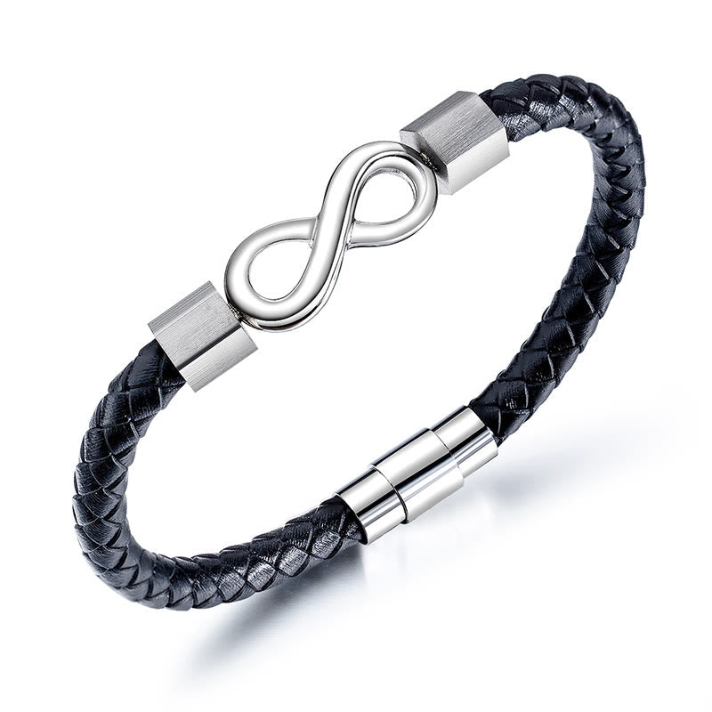 Pulsera de equilibrio con nudo infinito de piedras de Buda, acero de titanio y cuero trenzado.