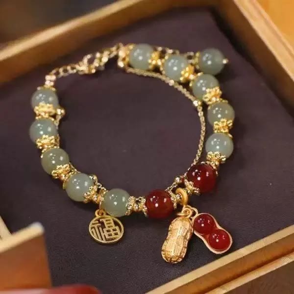 Pulsera de cuentas con piedras de Buda, hojas de jade, ginkgo, tulipán, cacahuete y carácter Fu, con la suerte