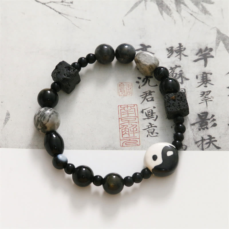Pulsera de protección de la fortuna Yin Yang con cuentas de jaspe Picasso de ónix negro y piedras de Buda