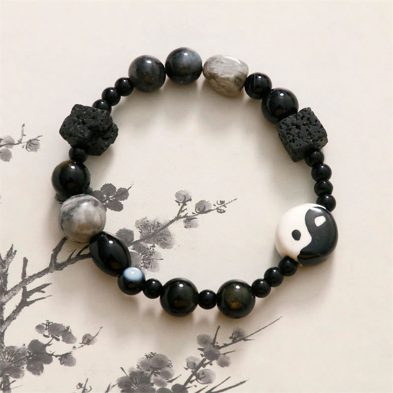 Pulsera de protección de la fortuna Yin Yang con cuentas de jaspe Picasso de ónix negro y piedras de Buda