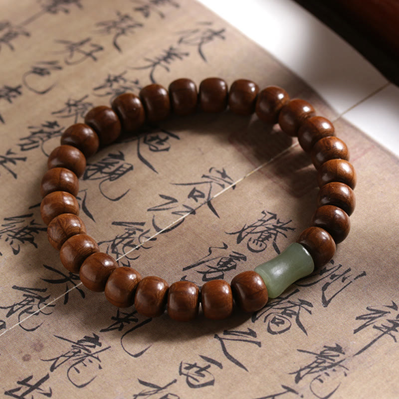 Pulsera de cuentas de bambú y jade hetian de madera de Abelia Biflora natural con piedras de Buda que alejan los malos espíritus