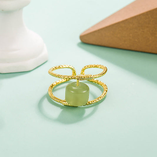 Anillo ajustable de cobre con doble capa de cuentas redondas de jade y perla de Buda