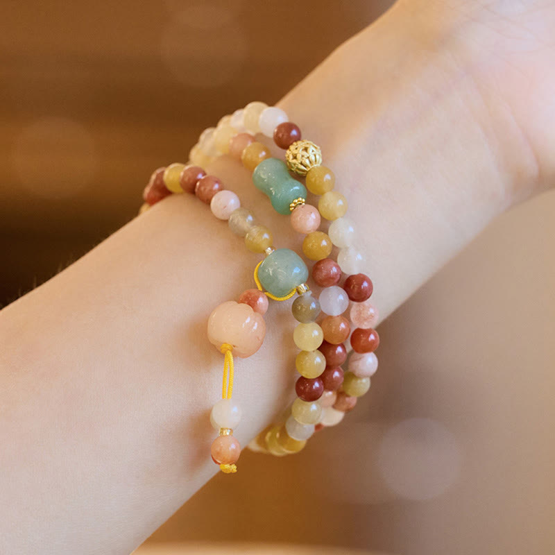 Pulsera triple vuelta con amuleto de calabaza, jade y seda dorada natural de Buda, para la riqueza y la suerte