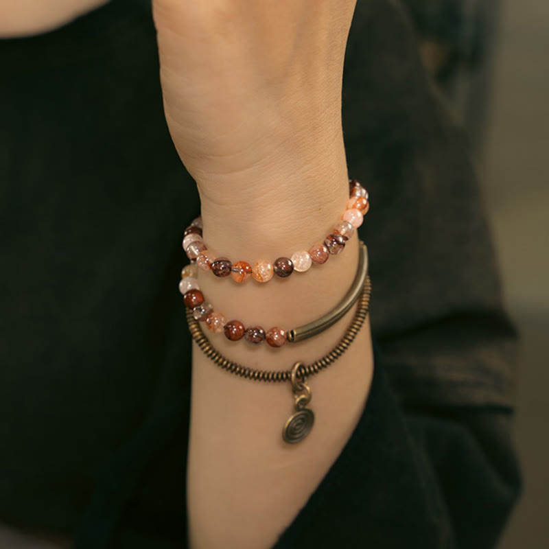 Pulsera de cobre con piedras de Buda, cuarzo hematoide rojo fantasma morado y cuarzo rutilado verde, amor y perdón