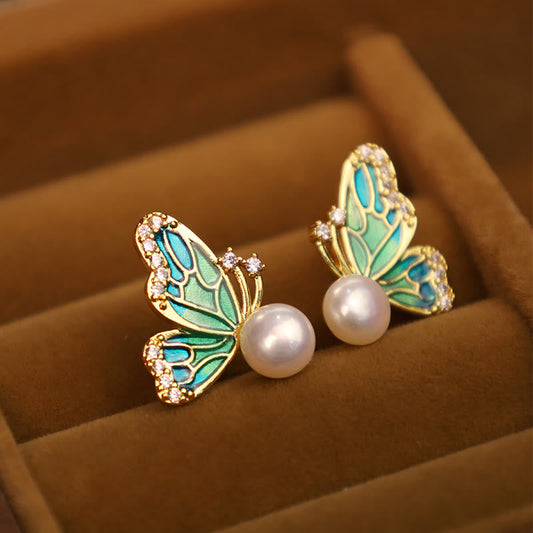Pendientes de plata de ley 925 con piedras de Buda, postes de cobre chapado en oro de 18 quilates, perlas naturales y mariposas curativas.
