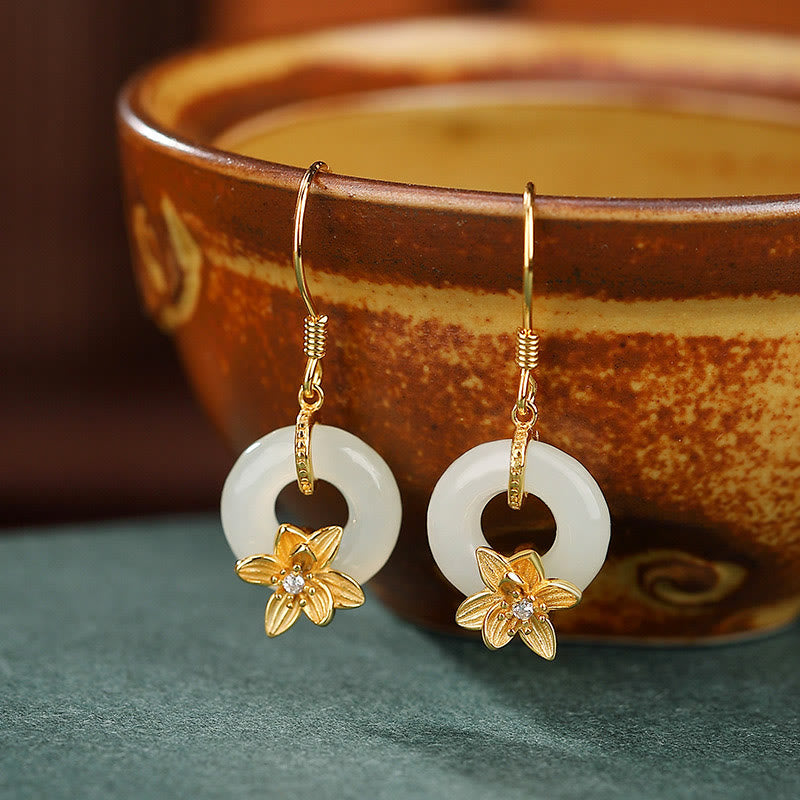 Pendientes de plata de ley 925 con piedras de Buda, jade hetiano, hebilla de la paz y orquídea de la prosperidad