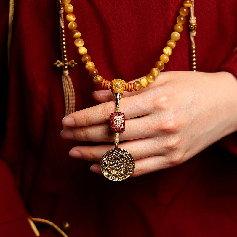Buddha Stones 108 Mala-Perlen, natürliches Tigerauge, Kupfer, Dorje-Schutz, Quastenarmband