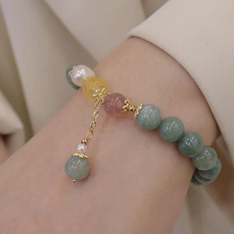 Pulsera de cuentas de Buda con jade, perla, cuarzo fresa y amuleto de la suerte