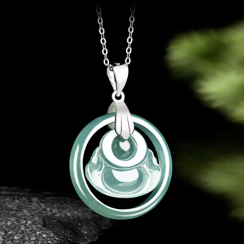 Collar con colgante de Buda sonriente de jade natural en plata de ley 925 con piedras de Buda