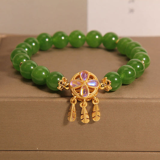 Pulsera de la suerte con trébol de cuatro hojas y atrapasueños de jade verde de Buda