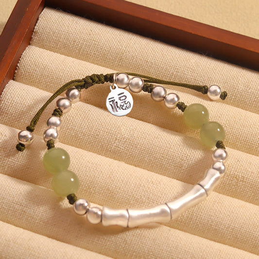 Pulsera de plata de ley 925 con piedras de Buda y jade natural con carácter Fu y bambú.