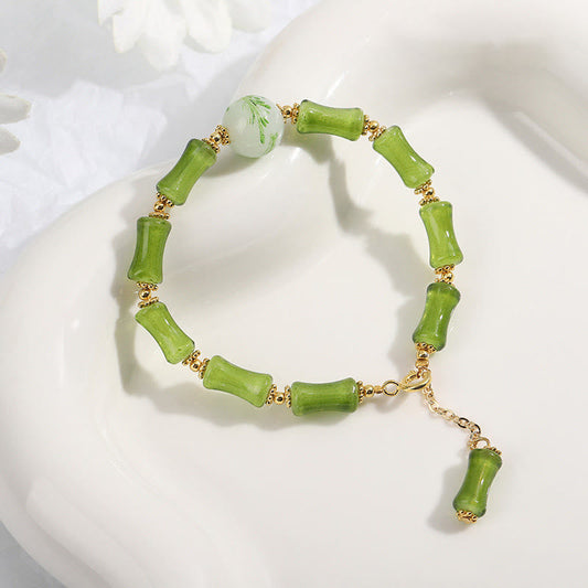 Pulsera de cadena de riqueza con ágata musgosa y cristal de Liuli con diseño de bambú verde y piedras de Buda