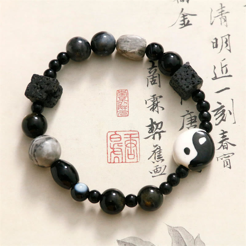 Pulsera de protección de la fortuna Yin Yang con cuentas de jaspe Picasso de ónix negro y piedras de Buda