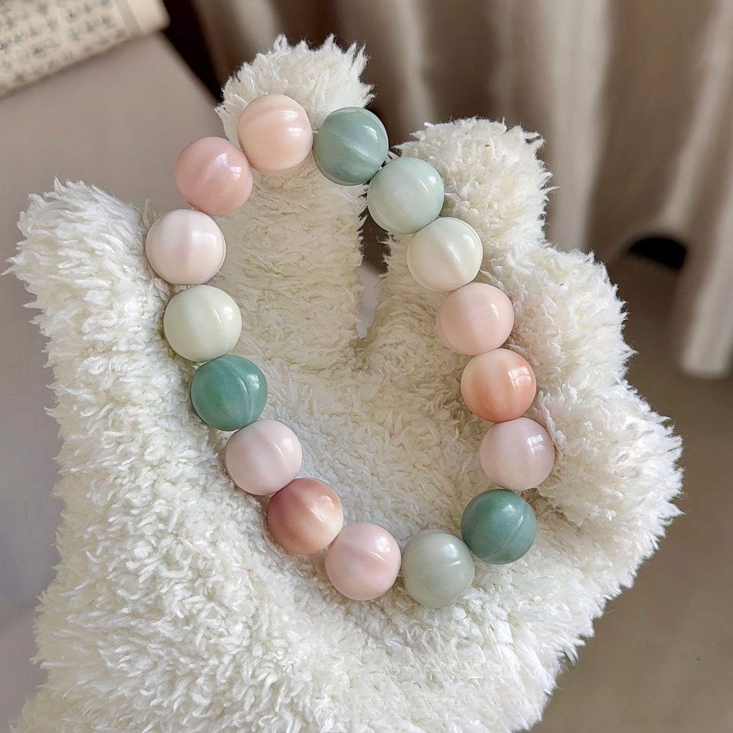 Exquisitely Carved Shark Fin Sea Salt Pink Bodhi Bracelet 14mm - Touch Bling