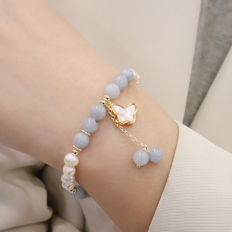 Pulsera con dije de mariposa, hoja de ginkgo y perla de aguamarina natural de Buda