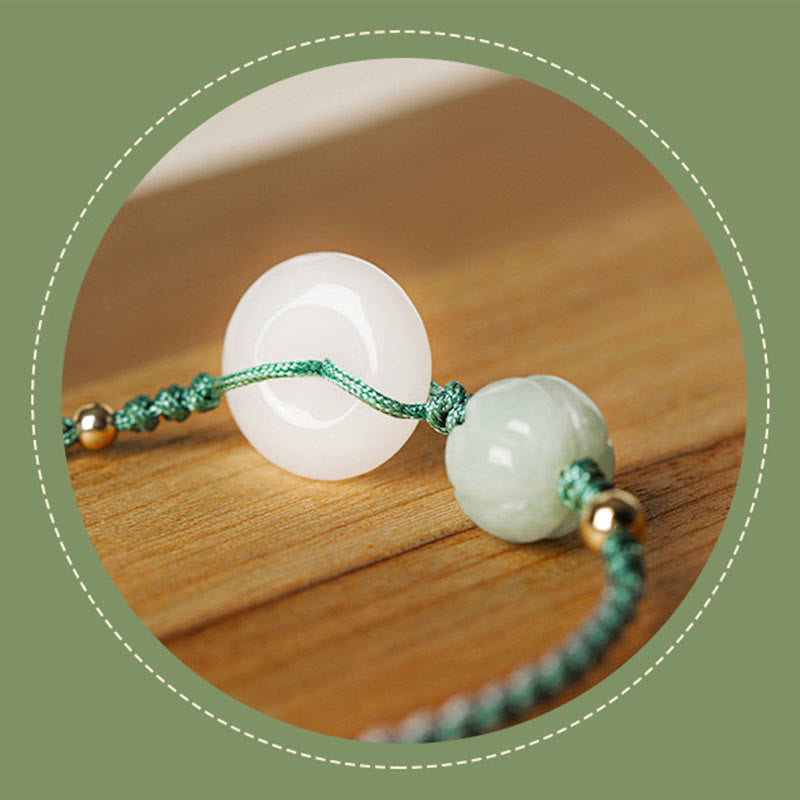 Pulsera trenzada con cuentas de calabaza y hebilla de paz de jade blanco y piedras de Buda para bendición de la suerte