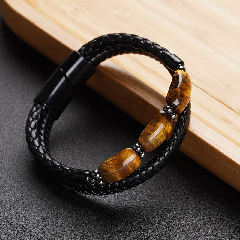 Pulsera de cuero con hebilla magnética y protección de fuerza de voluntad con ojo de tigre natural y piedras de Buda