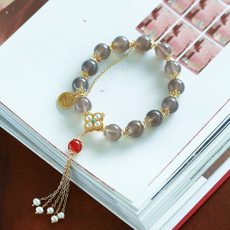 Pulsera de equilibrio con borlas de perla y ágata gris natural de Buda