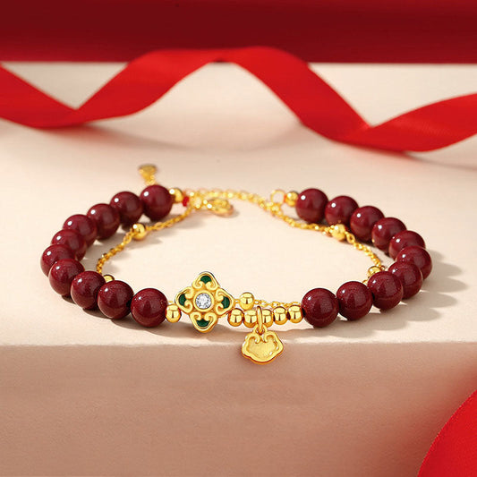 Pulsera de plata de ley 925 con cinabrio natural y flor de trébol de cuatro hojas con piedras de Buda