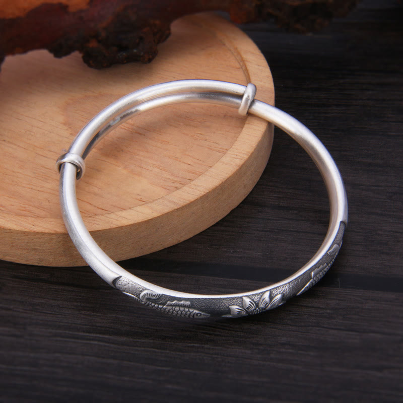 Buddha Stones 999 Sterling Silber Koi Fisch Lotus Reichtum Glück Armband Armreif
