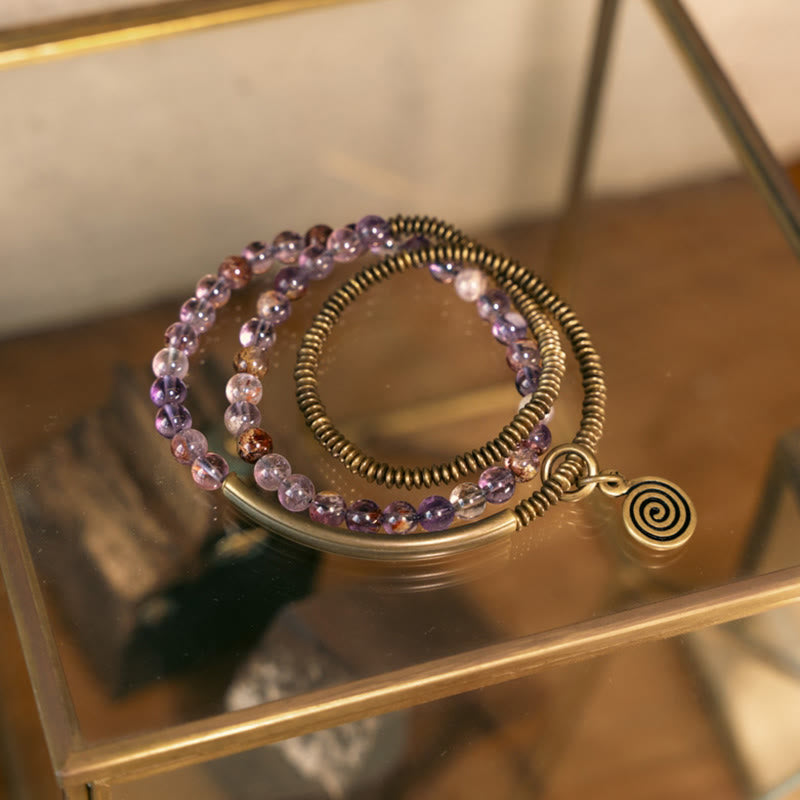 Pulsera de cobre con piedras de Buda, cuarzo hematoide rojo fantasma morado y cuarzo rutilado verde, amor y perdón