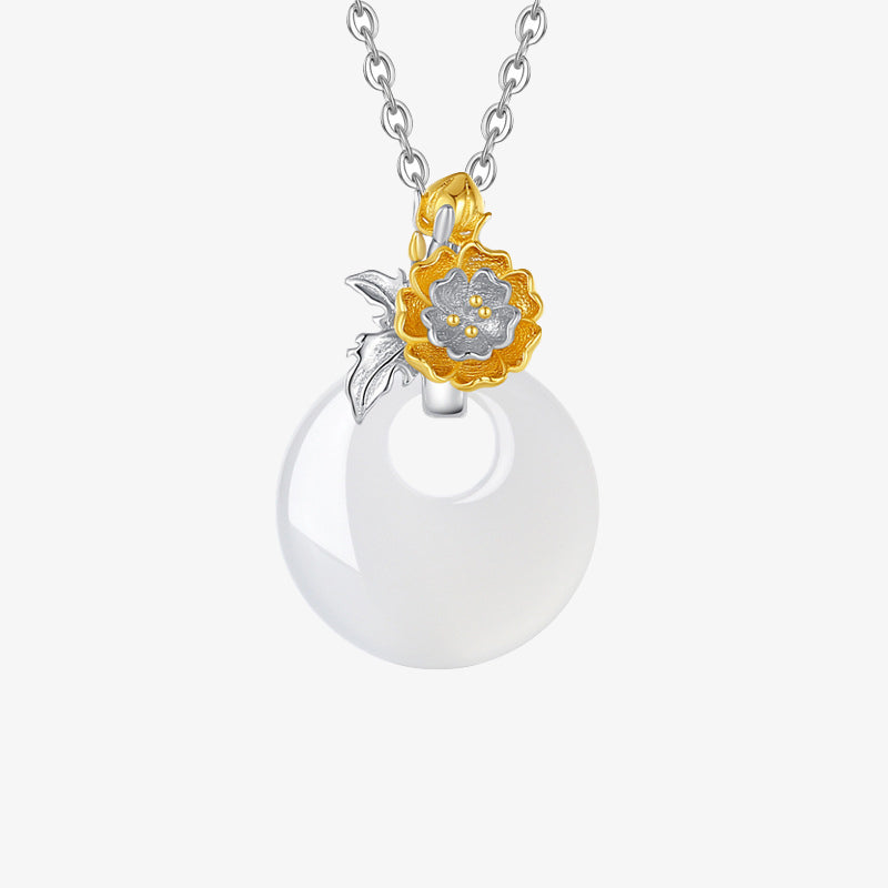 Collar con colgante de flor de armonía de doce meses de calcedonia redonda de plata de ley 925 con piedras de Buda