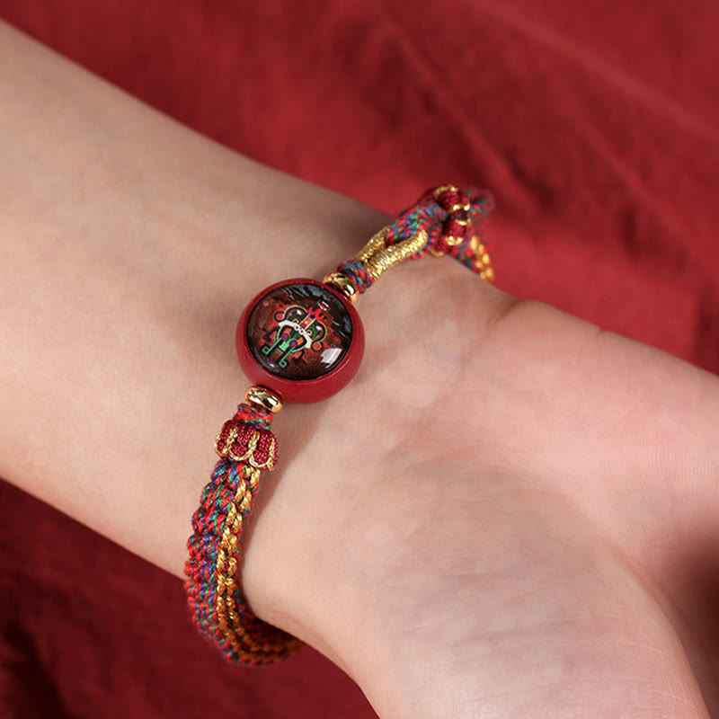 Pulsera trenzada con bendición de thangka de cinabrio y cuerda colorida con piedras de Buda