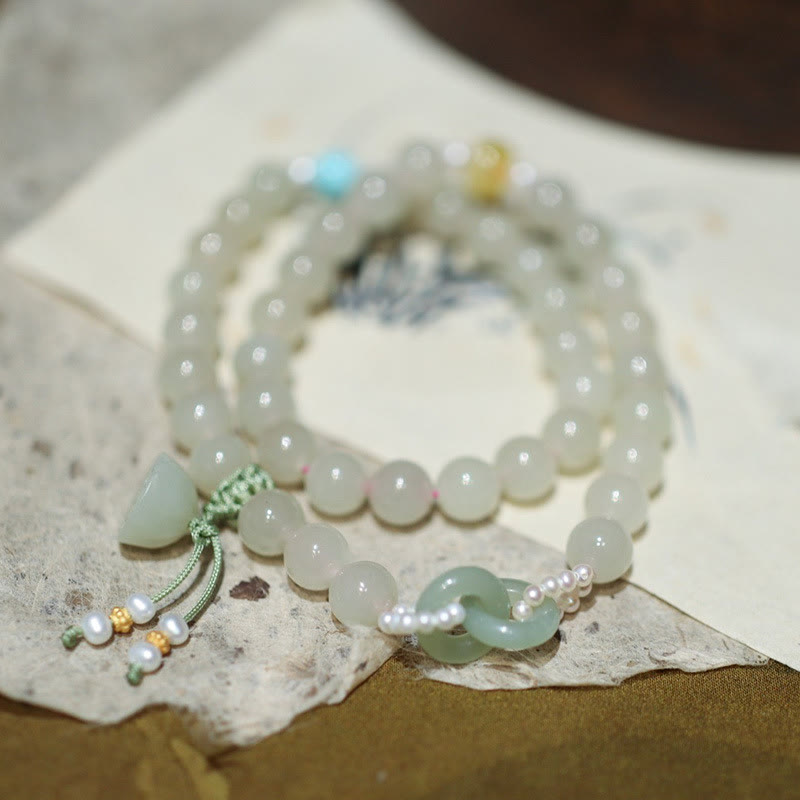 Pulsera de doble vuelta con piedras de Buda, jade hetiano, doble hebilla de paz y suerte de loto en plata de ley 925