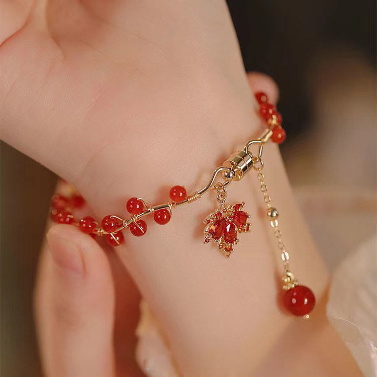 Buddha Stones Rotes Ahornblatt Glücksbringer Armband