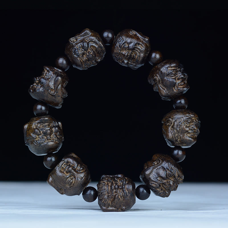 Pulsera de equilibrio con grabado de dragón de loto y dieciocho arhats de madera de ébano y piedras de Buda