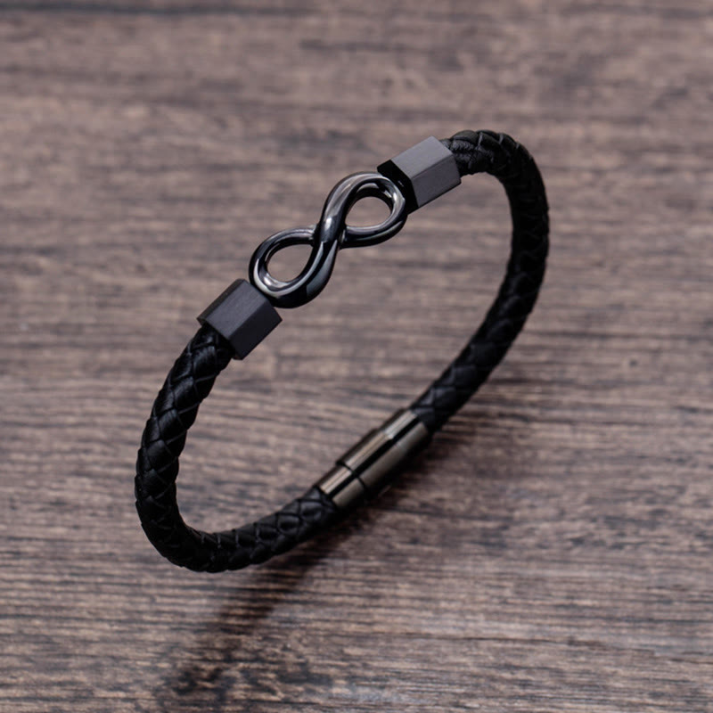 Pulsera de equilibrio con nudo infinito de piedras de Buda, acero de titanio y cuero trenzado.