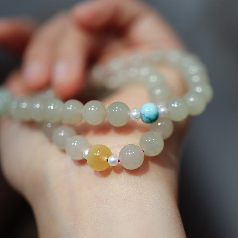 Pulsera de doble vuelta con piedras de Buda, jade hetiano, doble hebilla de paz y suerte de loto en plata de ley 925