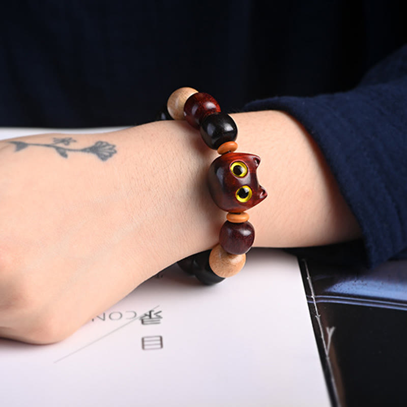 Pulsera de protección con piedras de Buda, hoja pequeña, sándalo rojo, madera de ébano y gato grabado