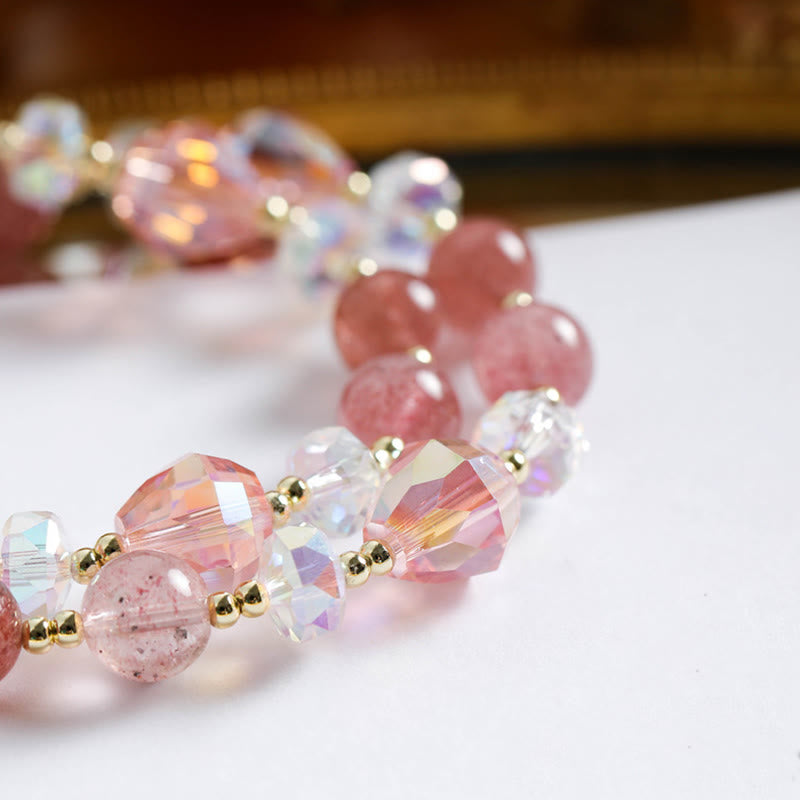 Pulsera curativa de doble vuelta con piedras de Buda, cuarzo fresa y flor de circón